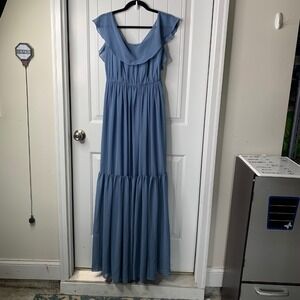White by Vera Wang blue bridesmaid Maxi Dress Ruffle‎ Sleeves Formal Gown Size 0